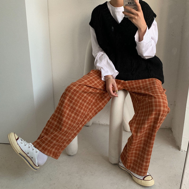 Checkered Pants for Women Vintage Plaid Pants Fashion Korean Style Wide Leg Pants Women Summer Blue Harajuku Oversized Trousers 201106