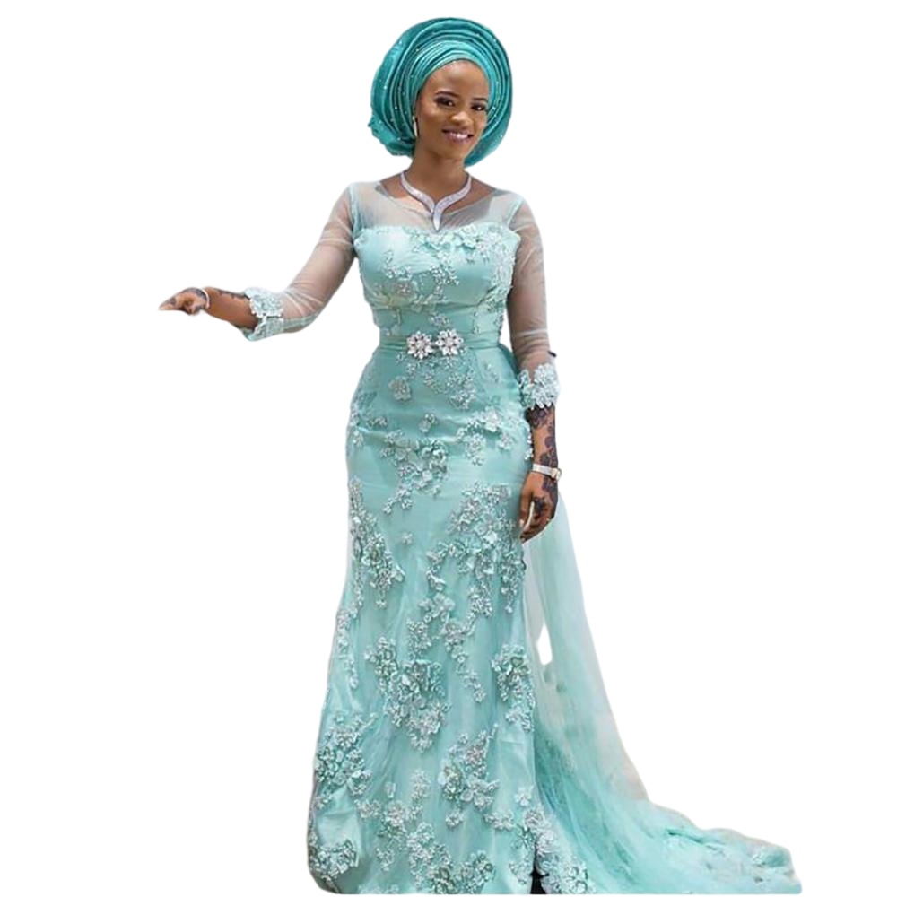 Mint Green Mermaid Evening Dresses Illusion Long Sleeve 3D Floral Lace Aso Ebi Prom Reception Gown Caftan Marocain de mariage