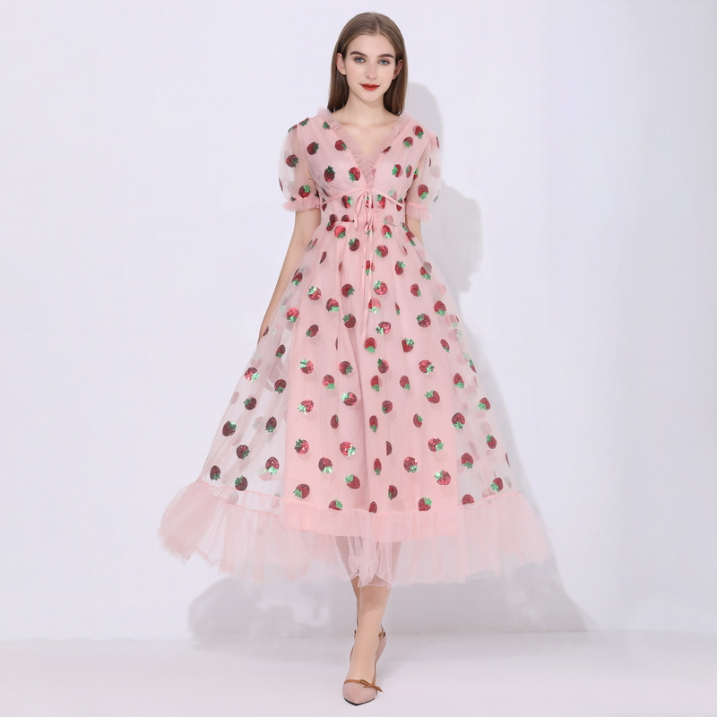 Sequins Strawberry Dress Women Elegant Long Dress V Neck Puff Sleeve Mesh Sexy Party Dresses Vintage Floral Dress Women Robe H1210