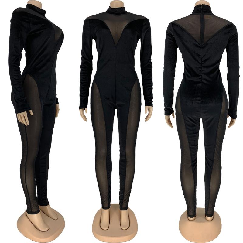 Autumn Mesh Velvet Patchwork Women's Jumpsuit Sexy Club Party One Piece Overall High Waist Bodycon Rompers Outfit