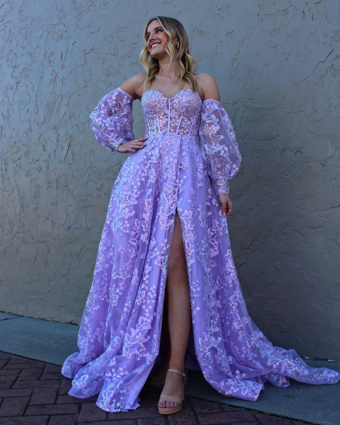

Sweetheart Lilac Long Evening Party Dress Embroidered Butterfly 2022 Robe De Soiree Detachable Sleeves Lavender Prom Dresses Lady Met Gala Pageant Boning Slit, Ivory