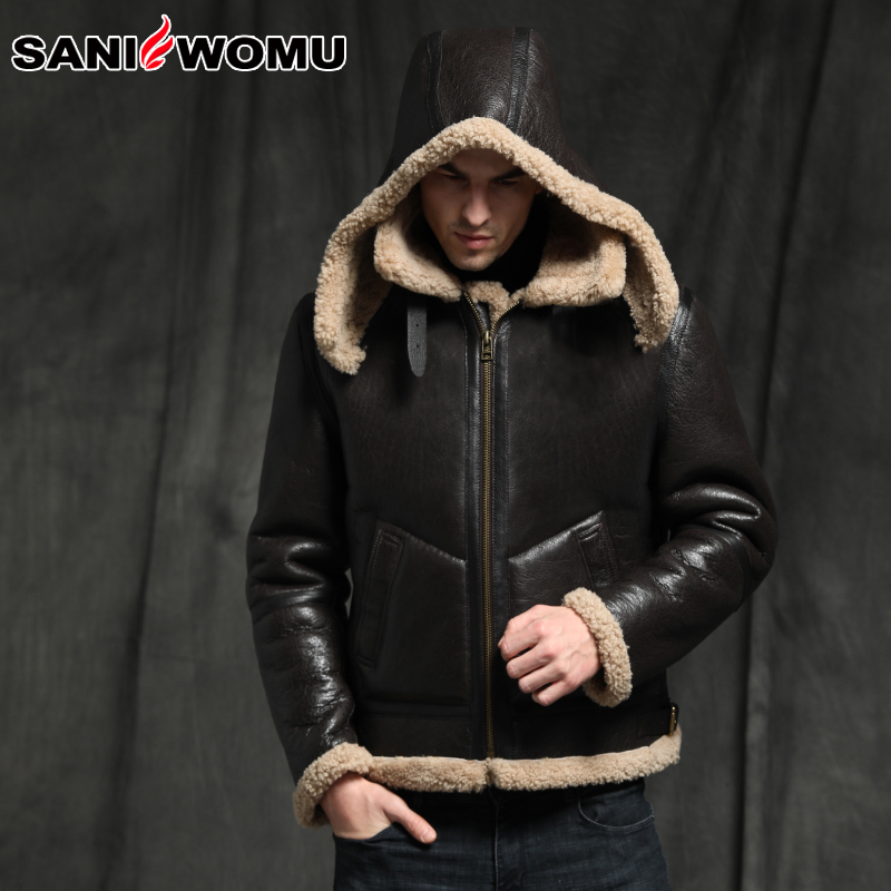 Sani Sheepskin Fur Shearling Men's Short Warm Overcoat Flight Clothing Hooded Fur Collar Genuine Leather Fur Jacket LJ201217