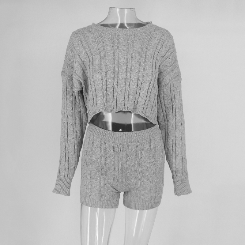Ceremokiss Sweater Two Piece Set Knitted Winter Sexy 2 Piece Set Women Long Sleeve Crop Tops And Shorts Suit Outfits Tracksuit T200325