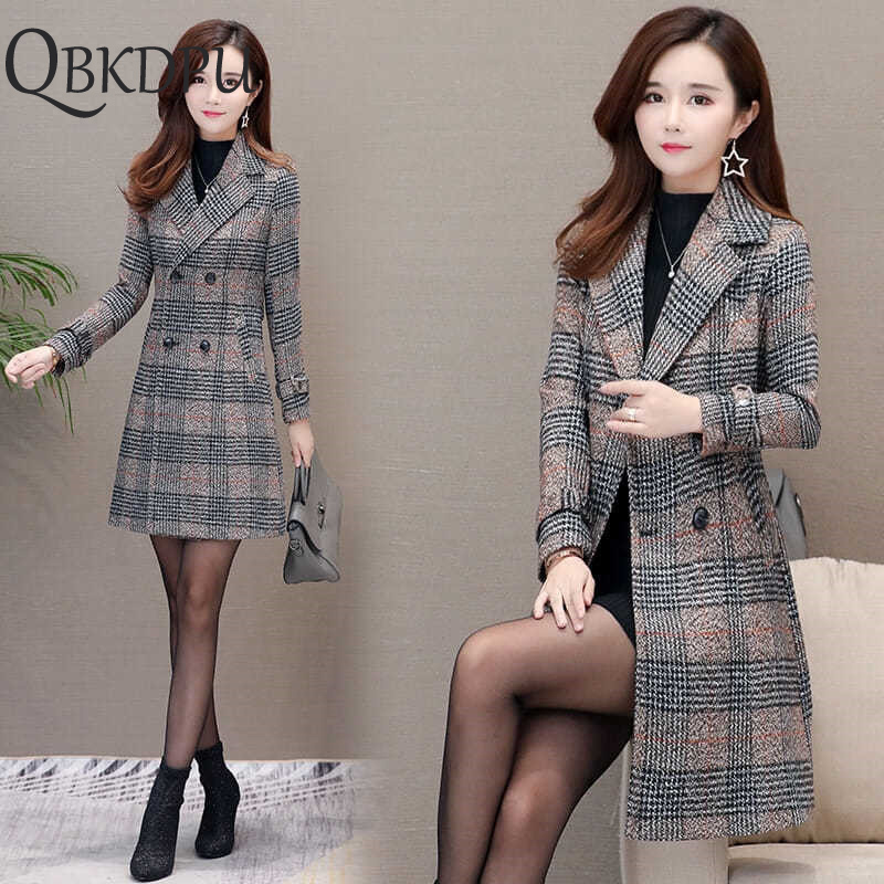 Winter Women Wool Blends Casual Jacket Plaid Trench Coat Elegant Slim Thick Outerwear Cardigan Female Cashmere Overcoat New 201027