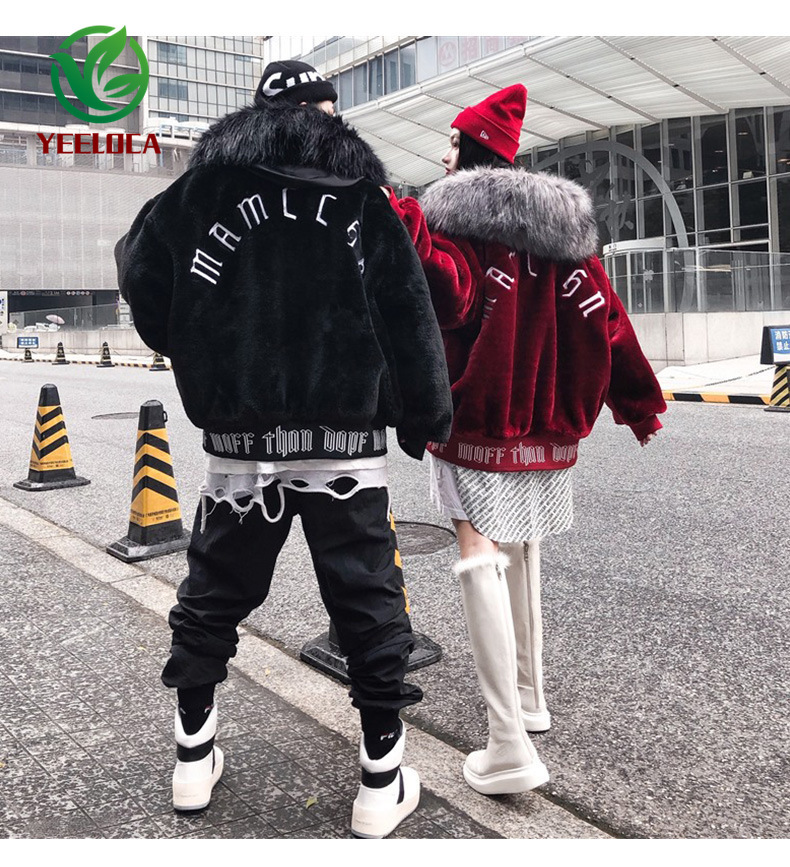 Winter Plush Fur Collar Hoodie Jacket Coat Warmth Hip Hop Couple Men Women Streetwear Oversized Parkas High Quality 201217