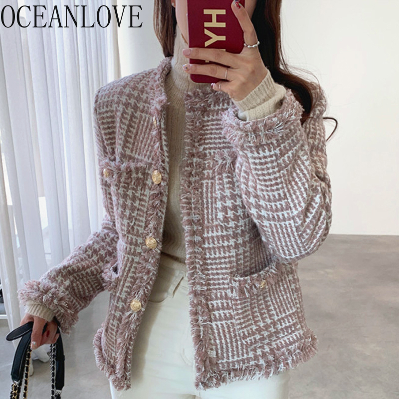 OCEANLOVE Plaid Elegant Chaqueta Mujer Korean Autumn Office Lady Fashion Winter Jackets Women Tassel Vintage Tweed Coat 18545 201029