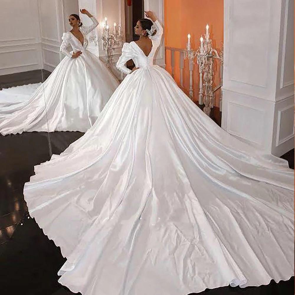 Year New S Vintage Long Sleeve Princess Dubai Ball Wedding Dresses Chapel Train V Neck Open Back Satin Saudi Arabic Bridal Gown leeve atin audi