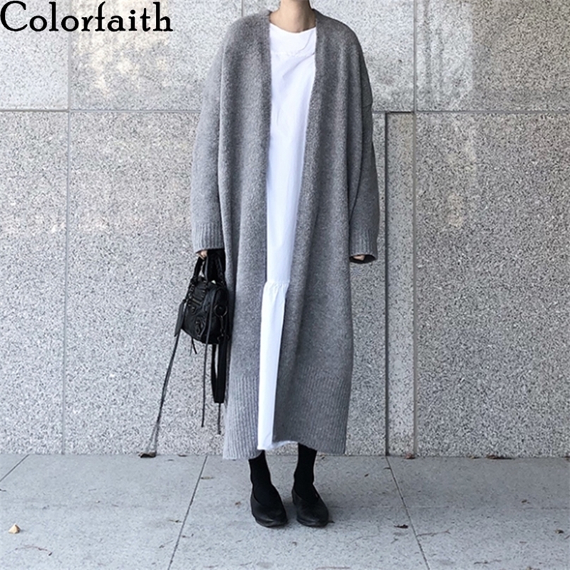 Colorfaith New Autumn Winter Women's Sweaters Korean Style Fashionable Minimalist Solid Color Casual Long Cardigans SWC8858 201225