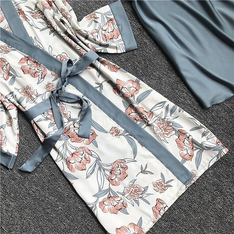 Women Satin Pamas Sets with Chest Pads Flower Print Pijama Spring Autumn Sleepwear 4 Pieces Spaghetti Strap Silk Pyjamas 201109