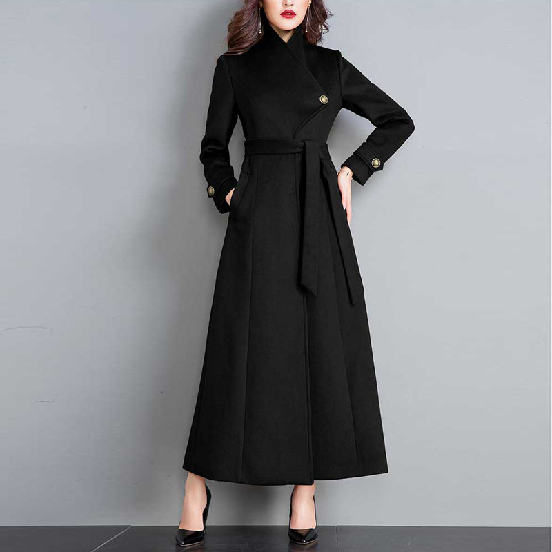 Women Winter Coats Autumn and Winter New Classic Gray Lace Large Size Wool Coat Slim Thin Thick Long Wool Coat Female 201216