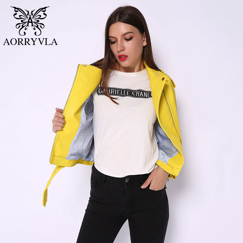 AORRYVLA Faux Leather Moto Women's Leather Jackets Yellow Ladies Leather Jacket Asymmetrical Faux-Leather Jacket Spring 201226