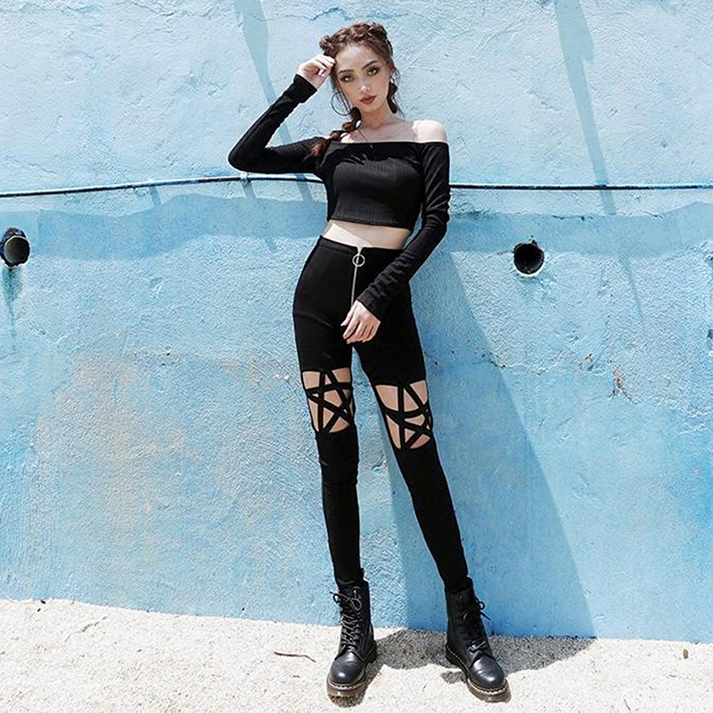 Gothic Pants Hollow Out Pentagram Black Leggings Women Pencil Pants Slim Thin High Waist Zipper Plain Cool Sexy Pants 201106