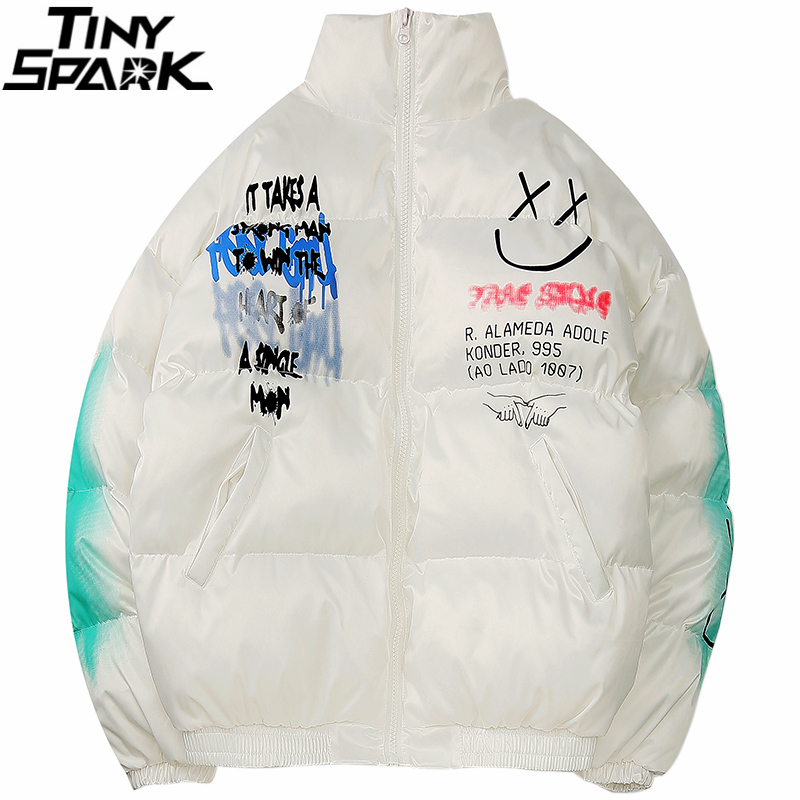 Hip Hop Jacket Parka Happy Graffiti Print Men Windbreaker Streetwear Harajuku Winter Padded Jacket Coat Warm Outwear Thick 201026