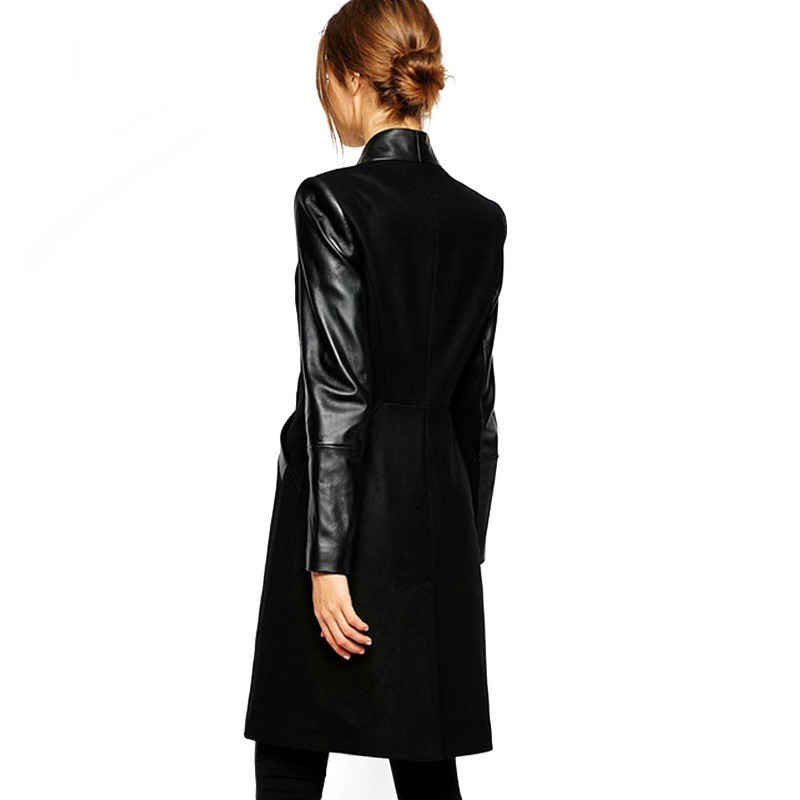 XUXI Leather Patchwork Slim Long Women Winter Jackets Coats Sleeved Knitted Wool Coat Chaqueta Mujer Female Overcoat LJ201202