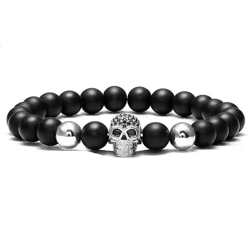 Cool Design Natural Stone Bead Strands CZ Micro Pave Skull Charm Bracelet Jewelry for Man Gift