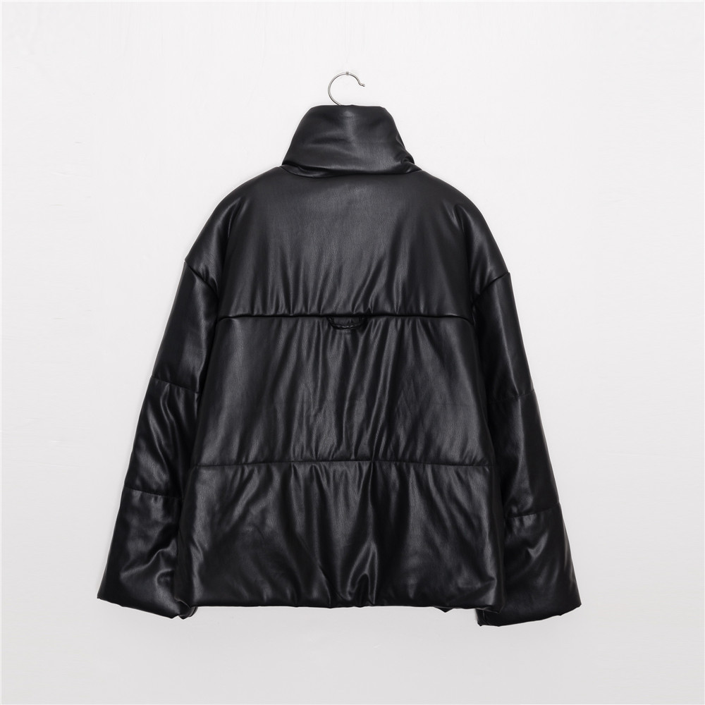Women Black Jacket Faux Leather Turtleneck Long Sleeve Buttons Winter Female Casual Short Coat with Pockets 201029