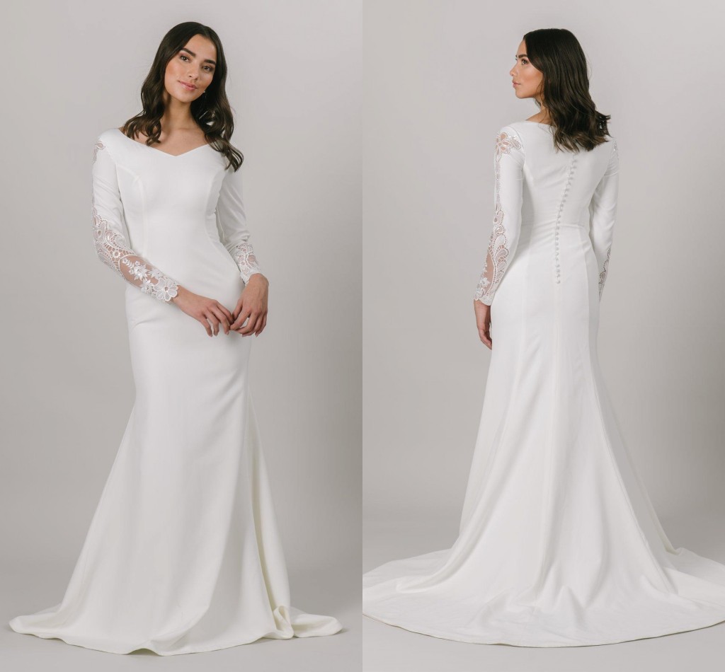 Simple Mermaid Crepe Modest Wedding Dresses With Long Sleeves V Neck Buttons Back Mermaid boho country Bridal Gowns LDS Bride Dress