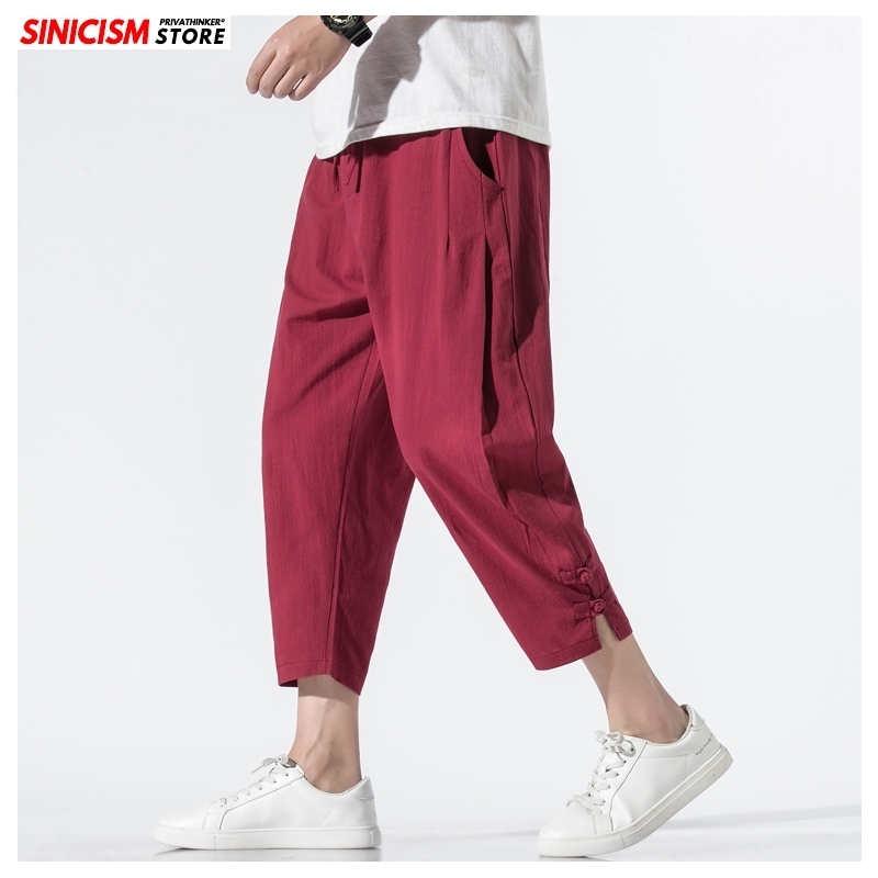 Sinicism Store Men Solid Summer Beach Pants Mens Cotton Linen Trousers Male Oversize Chinese Style CalfLength Pants 5XL 201110