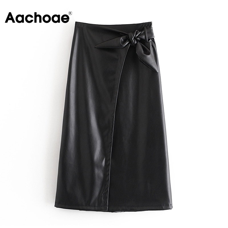 Aachoae Elegant Solid Faux Leather Skirt Bow Tie Office Wear Long Skirt Women Brown And Black Color A Line Skirts Mujer Faldas 201110