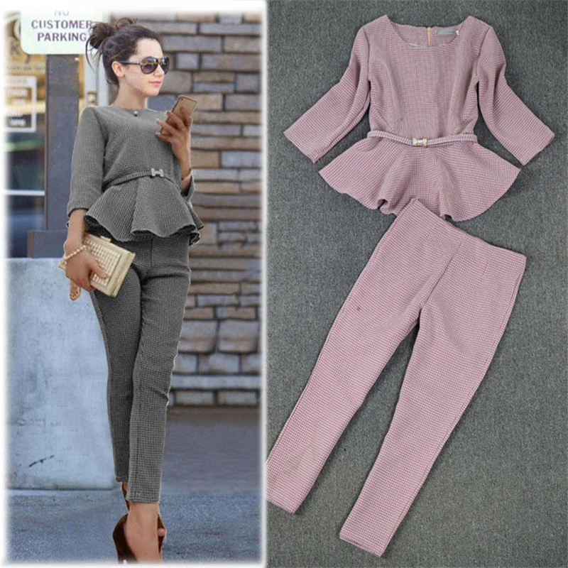 Autumn Spring Fashion Women's Business Pants Suits Office Lady Plaid Checker Ruffles Suits for Women 2 Pieces Set T200818