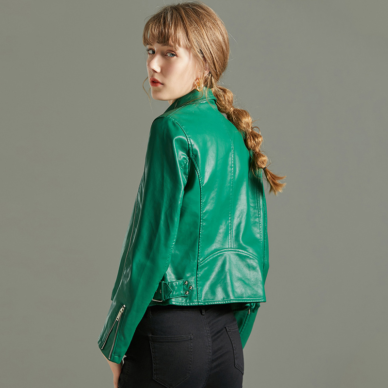 Ly Varey Lin Red Faux Soft Leather Basic Jackets Women Autumn Turndown Collar Rivet Zipper Biker Coat Faux Pu Motorcycle Jacket 201030
