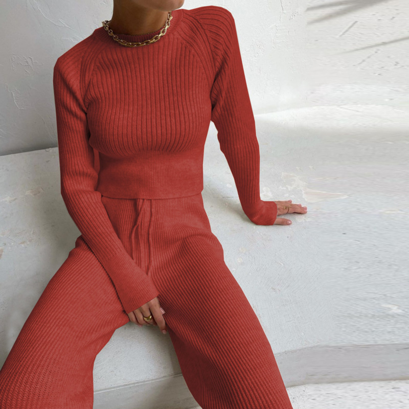 Women's Knitted Sweater Solid Color Round Neck Long Sleeve Outfits Casual Striped Suit Two Piece Sets Tracksuit Warm 201120
