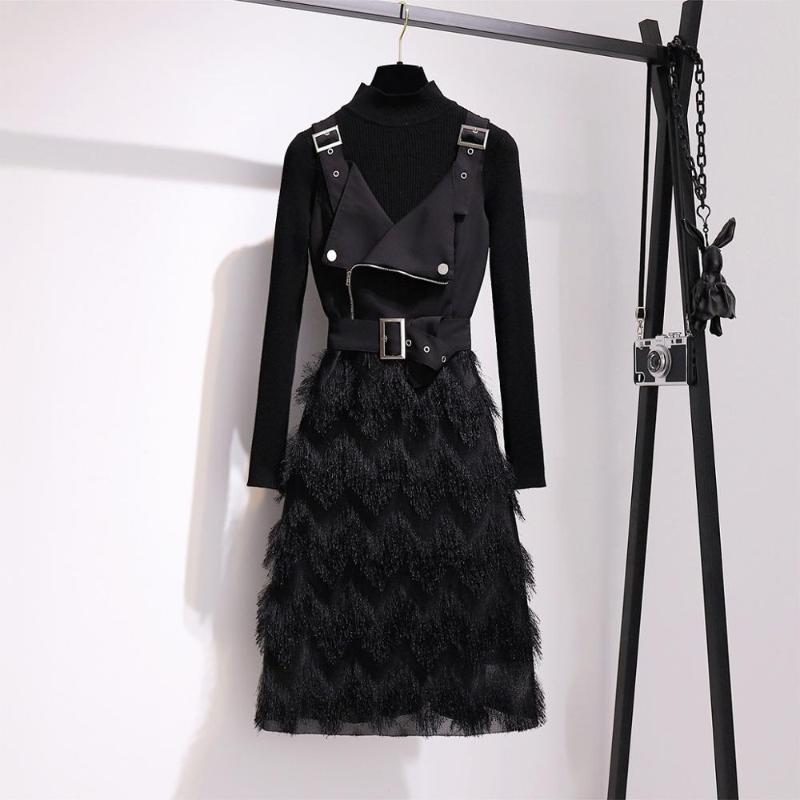Women' Autumn New Knit Sweater + High Waist Stitching Fringed Strap Dress Two-Piece Sets Female -3XL Suits, Black
Women' Autumn New Knit Sweater + High Waist Stitching Fringed Strap Dress Two-Piece Sets Female -3XL Suits, Black