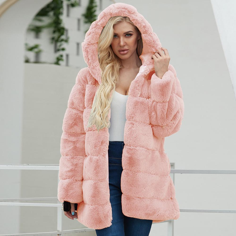 Fur Cat Winter Clothes Women Ladies Warm Faux Fur Coat Jacket Solid Hooded Outerwear 201214