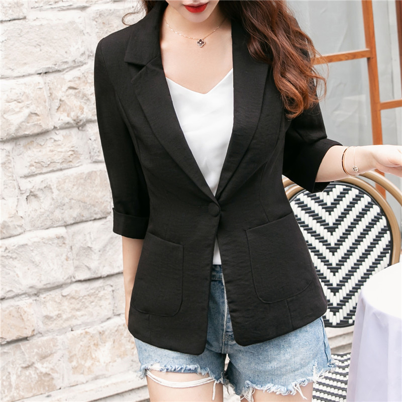 Aelegantmis Slim Fit Casual Work Office Business Blazers Women Fashion 3/4 Sleeve Summer Jacket Linen Cotton Blazers White 201201