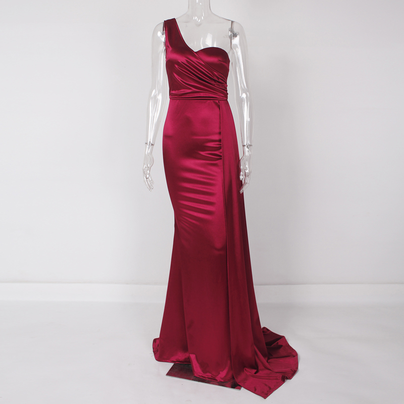 Elegant One Shoulder Maxi Dress Robe Burgundy Sleveless Draped Bodycon Floor Length Long Evening Party Dress Gown T200604