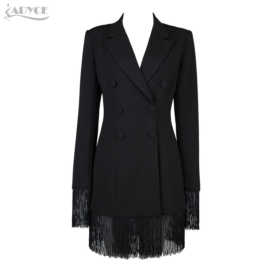 Adyce New Winter Women Slim Trench Coats Black Deep V-Neck Double Breasted Coats Long Sleeve Tassel Fashion Club Coats 201211
