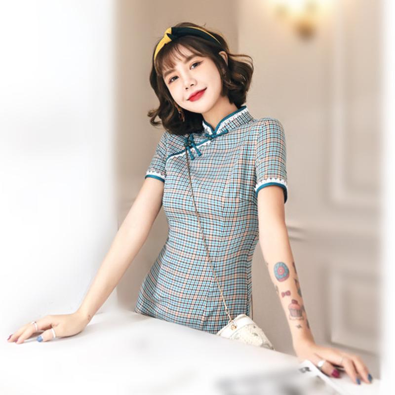 Ladies Plaid Cotton Linen Knee Cheongsam Chinese Qipao Dress Summer Slim Dress TR Lattice Teenage Girl Everyday Wear