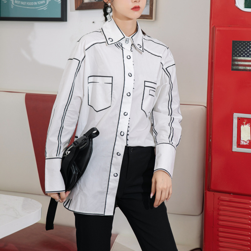 LANMREM autumn Graffiti print white shirt famale long sleeve new streetwear singlebreasted fashion top 2A300 201201