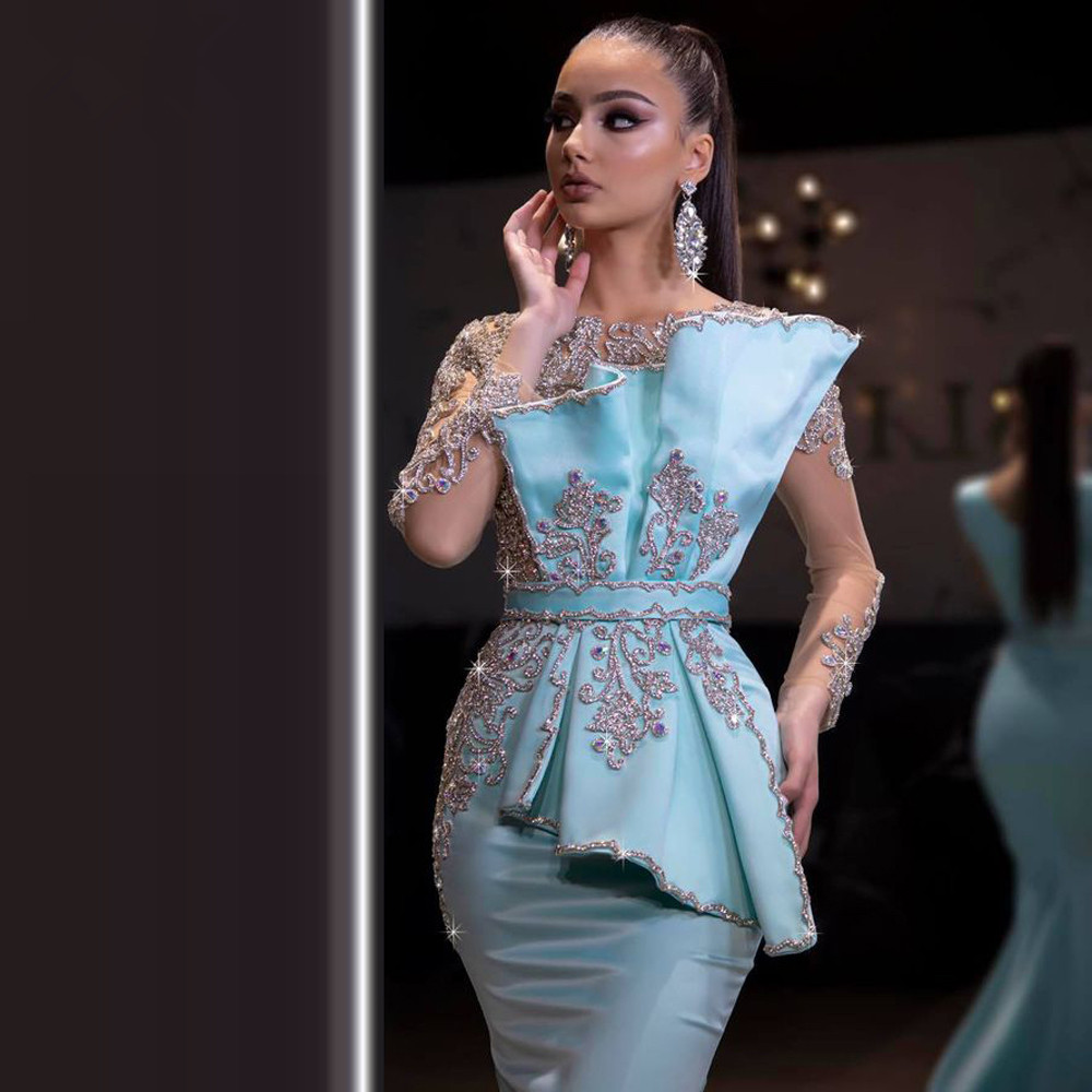 Graceful Sky Blue Mermaid Prom Dresses Crystals Beading Evening Dress Custom Made Jewel Long Sleeves Sweep Train Celebrity Party Gown