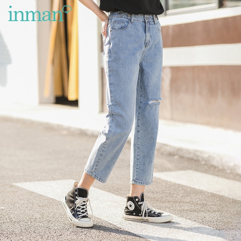 INMAN Summer New Arrival Pure Cotton All-match Personality Slimmed Hole Jeans 201105