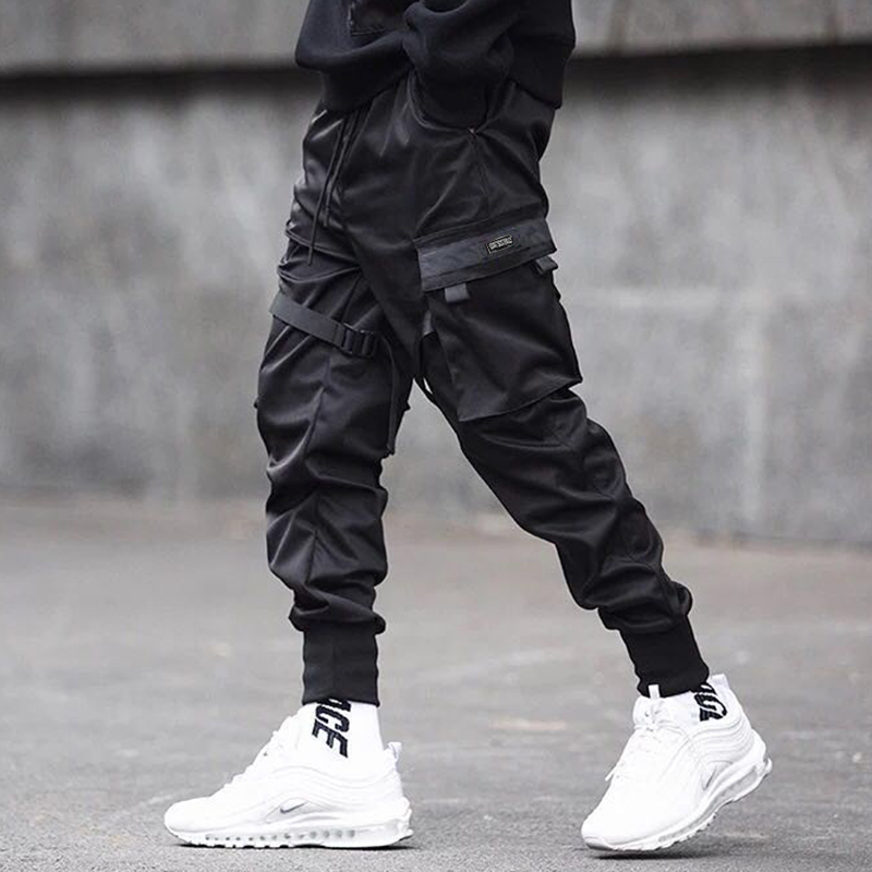 Hip Hop Cargo Pants Pockets Men Streetwear Harajuku Joggers Pants HipHop Swag Ribbion Harem Pants Fashion Casual Trousers 201217