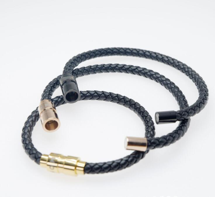 Promotion Men Magnetic Buckle Black Leather Braid charm Bracelet Fashion Jewelry Silver Wholesale price Bracelets For Men Gift ( No Box )