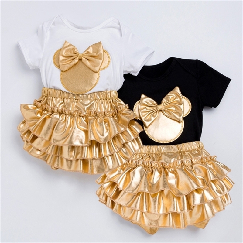 Newborn Baby Girls Clothes Sets Summer Short Sleeve Bowtie Romper+Shorts Dress+Headband Infant baby girl clothing outfit LJ201223