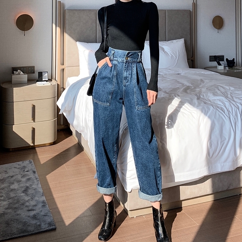 Vintage Boyfriend Jeans Women Wide Leg Straight Loose High Waist Jeans Mujer Plus Size Black Blue Denim Pants Chic 201106
