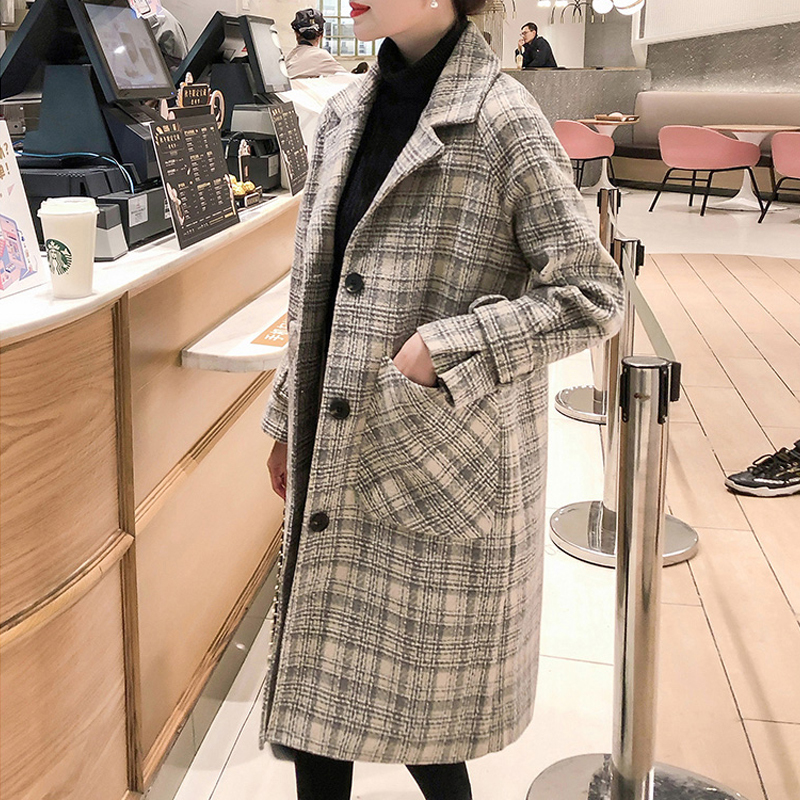 Autumn Winter Women Warm Wool Coat Elegant Plaid Single Breasted Blends Outwear Female Big Pocket Loose Mid-long Coat 201215