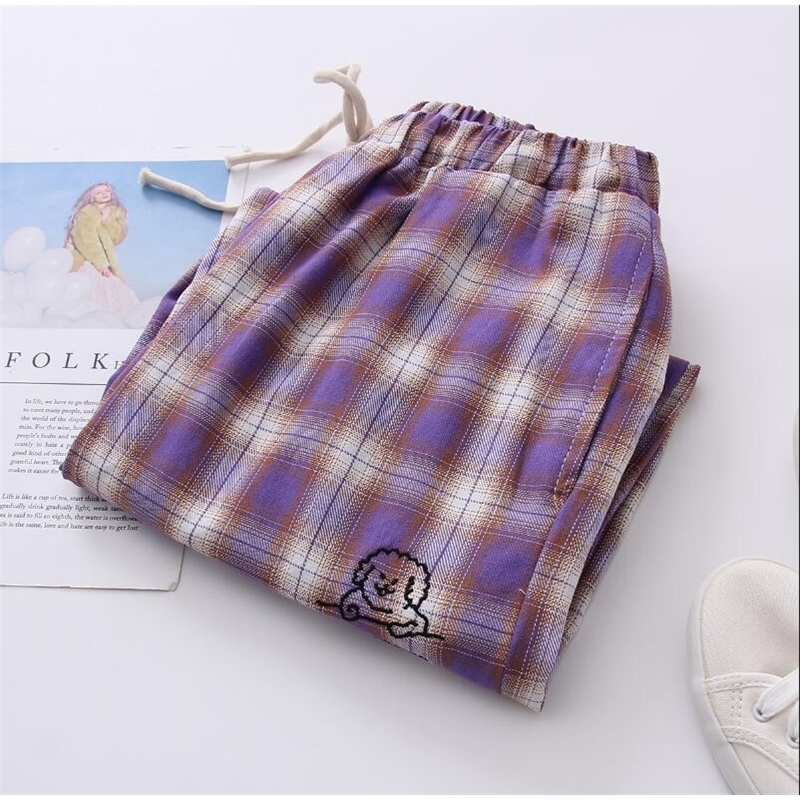 Harajuku Plaid pants students Korean loose retro soft sister purple cartoon dog elastic waist wide leg nine pants 201031