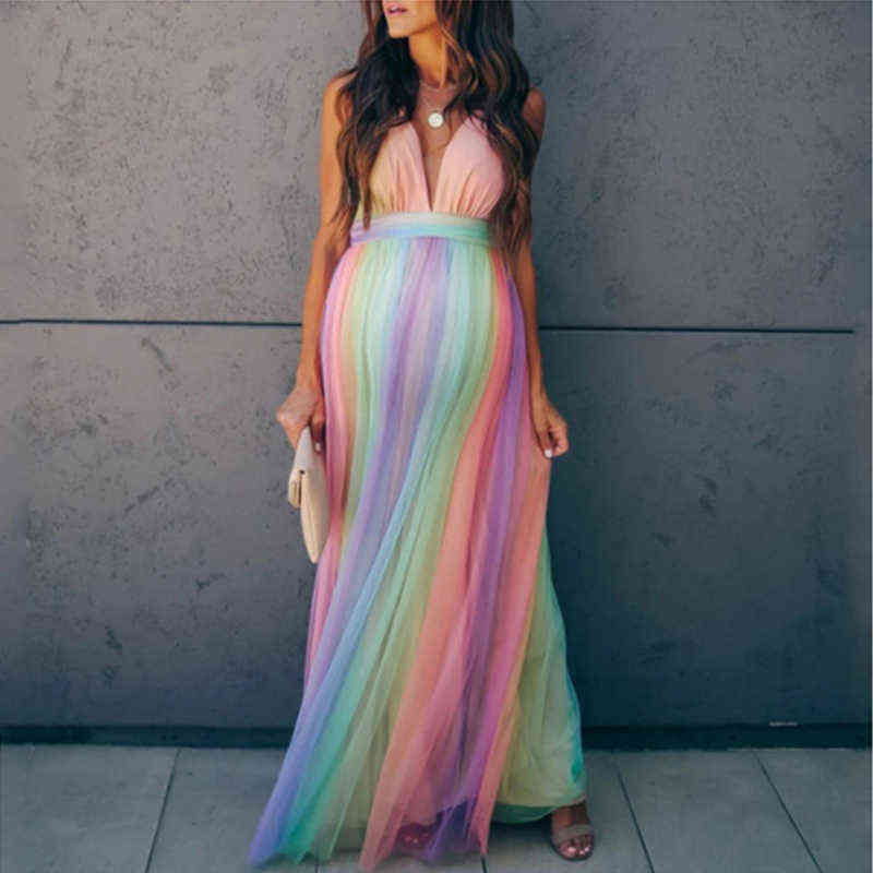Sexy Maternity Dresses Photography Long Pregnancy Photo Shoot Prop For Baby Showers Party Rainbow Tulle Pregnant Women Maxi Gown AA220309