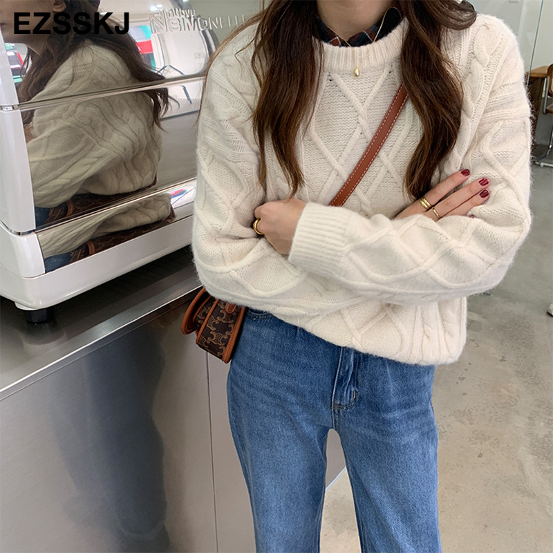 Autumn winter Mohair women's o-neck loose warm women's sweaters Twist women's jumper long sleeve thick sweater oversize female 201222