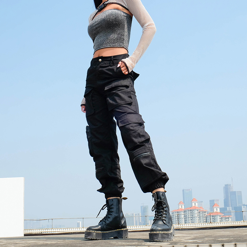 SUCHCUTE High Waist Tooling Pants For Women Plus Size Pockets Hot Lasdies Street Wear Patchwork Pencil Sweat Bottom Korean Style 201111