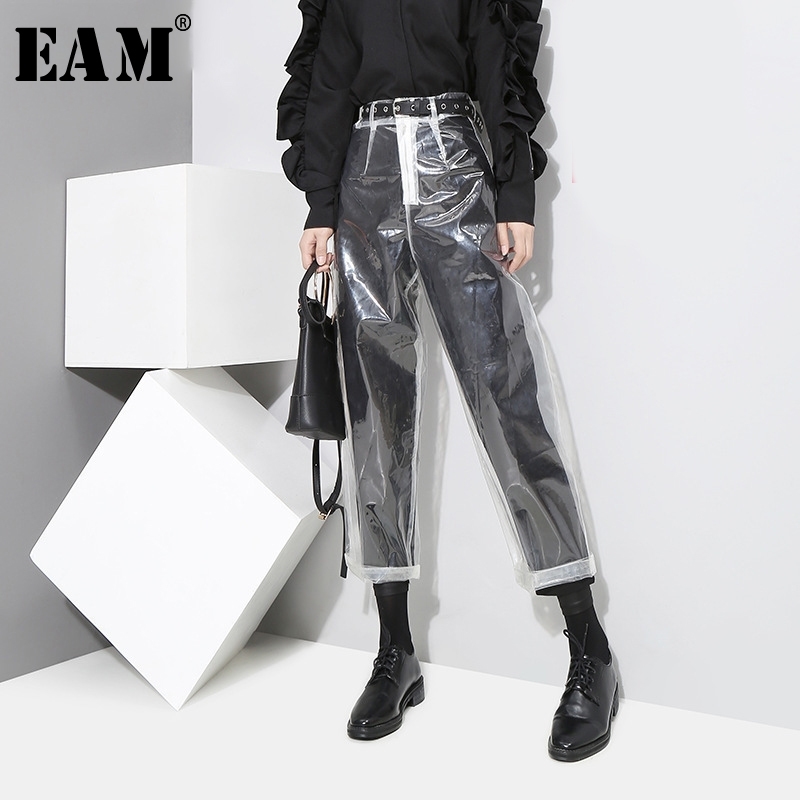 [EAM] auutmn Fashion New Pattern Korean Style Transparent Transparent Color Pants Woman Ankle-length Pants YA84900 201111