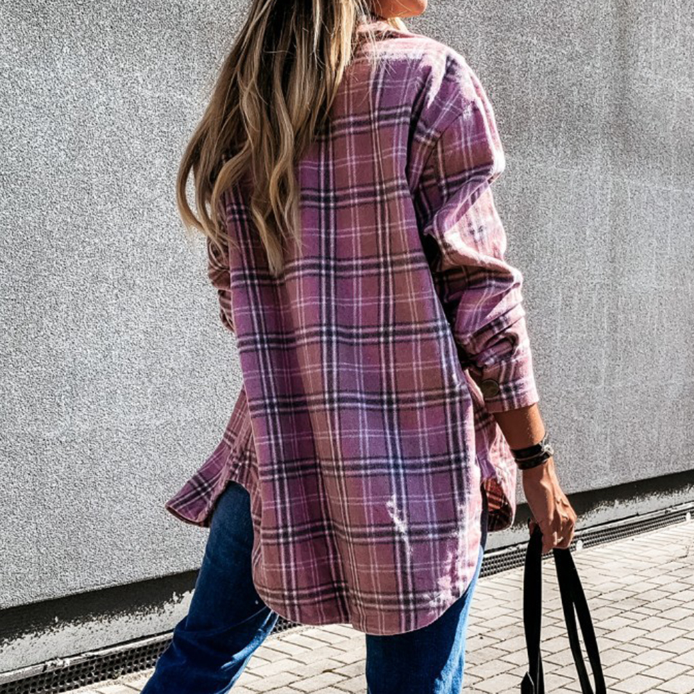 Laamei Women Plaid Blouse Long Sleeve Checked Oversized Shirt Down Collar Thick Ladies Vintage Top Blusa 201130