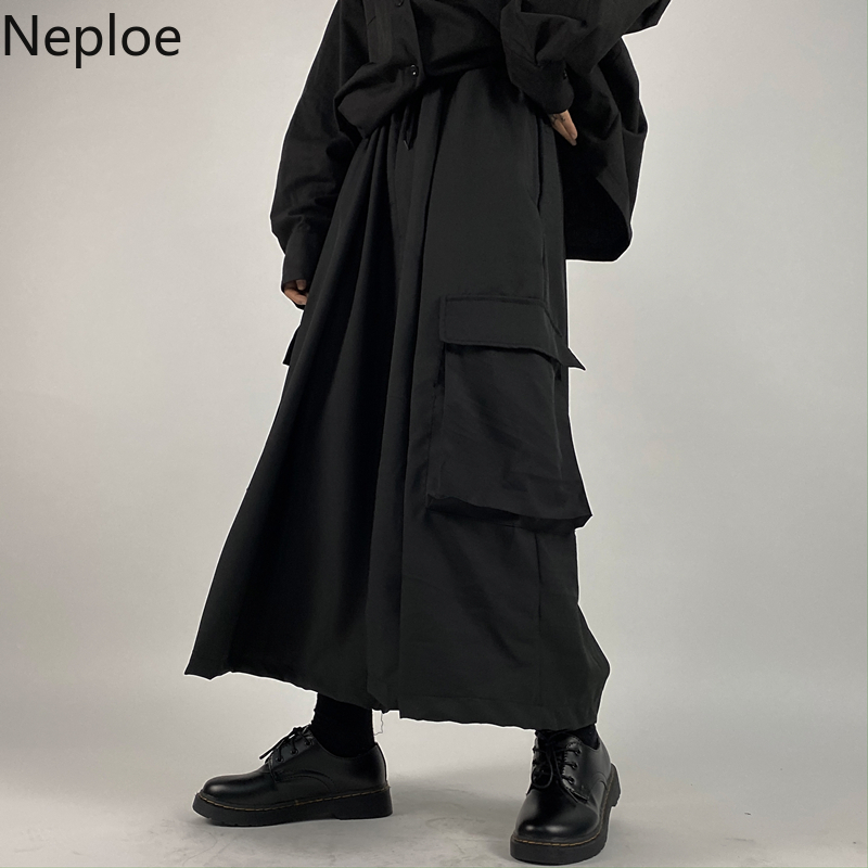 Neploe Japanese Wide Leg Pants Women Men Black Ankle-length Loose Kimono Pants Unisex Straight Streetwear Hip Hop Trousers 55740 201113