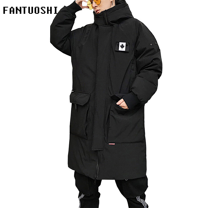 Winter Men's Long Coat fashion Thick warm slim Casual hooded jackets Long sleeve printed high quality cotton jacket black T200102