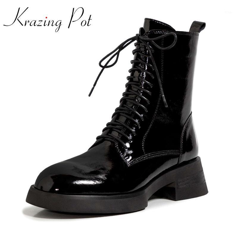 Krazing Pot cow patent leather round toe high heel riding boots cross-tied winter classic style solid young lady ankle boots L911, Black
Krazing Pot cow patent leather round toe high heel riding boots cross-tied winter classic style solid young lady ankle boots L911, Black