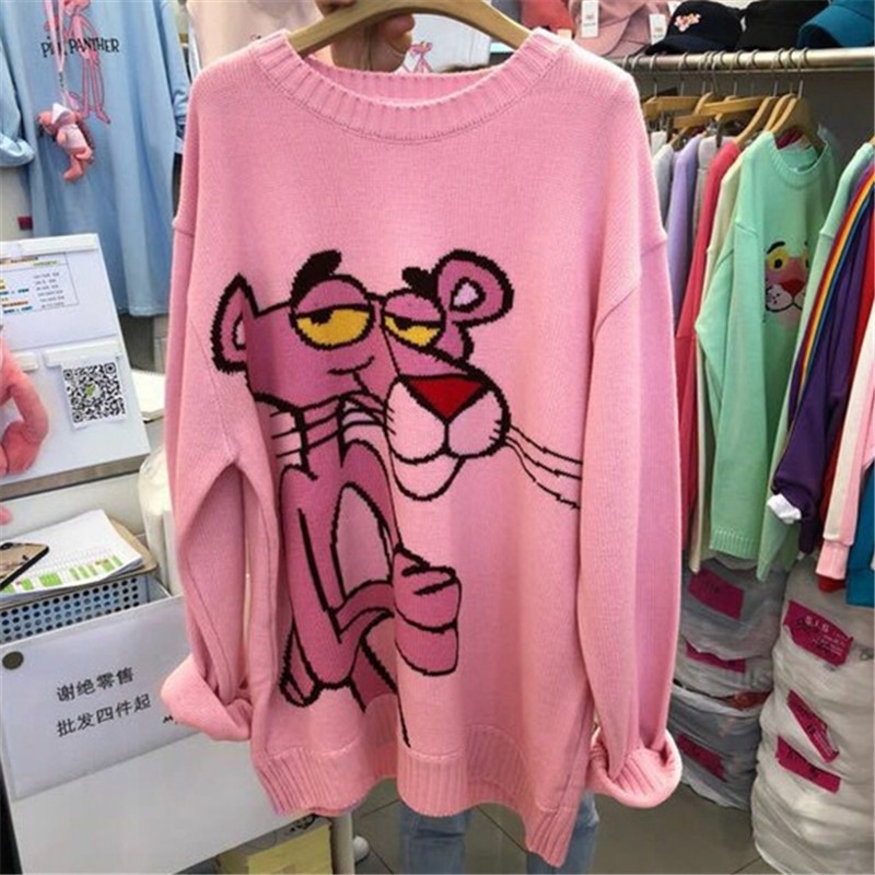 Cartoon Pink Red Plus Size Women Sweater Loose Korean Pullover Tops Fashion Leopard Long Sleeve Female Knit Sweaters Winter 201201